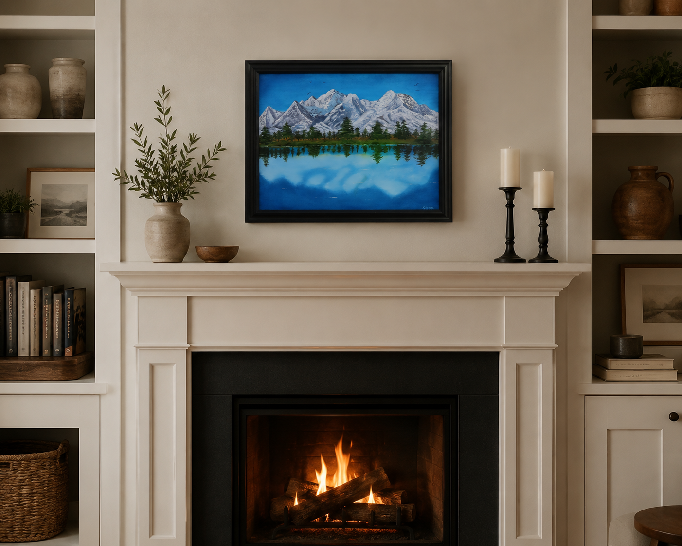 original oil painting, mountains in Denali, reflected in water, framed in black, displayed over fireplace