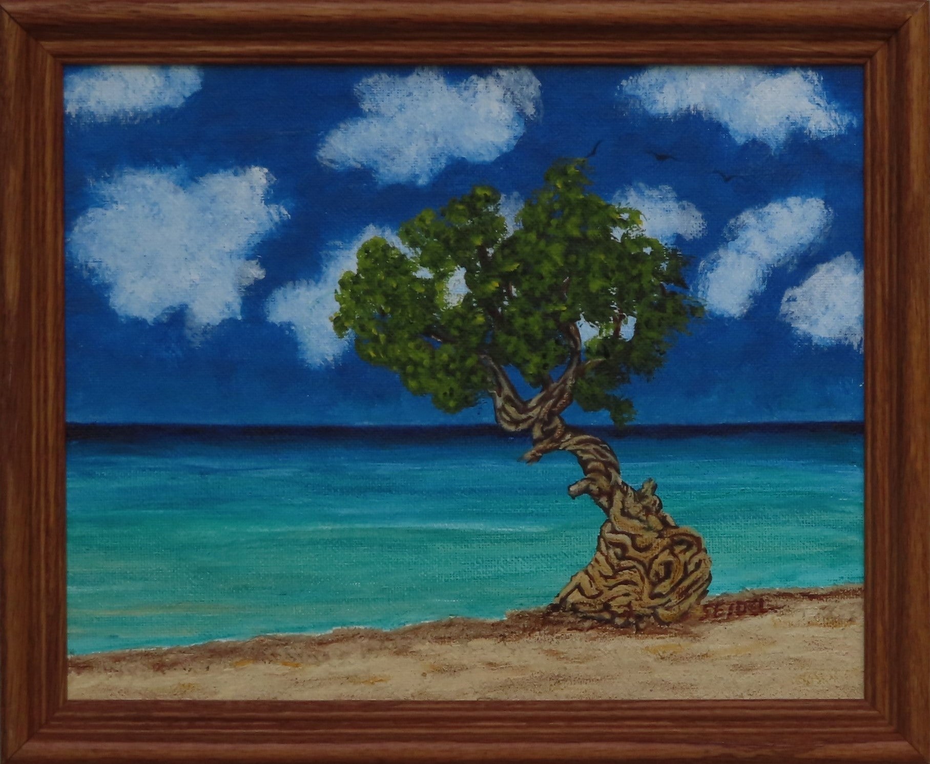 original acrylic painting of Divi tree on beach by beautiful ocean, framed