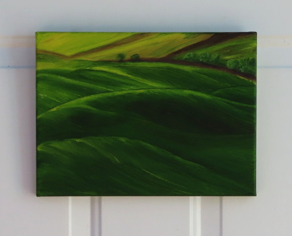 original oil painting, green rooling hills 9x12" unframed