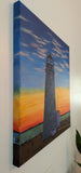 original oil painting, sunset, wispy clouds, ocean, lighthouse, unframed, showing painting on left side