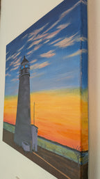 original oil painting, sunset, wispy clouds, ocean, lighthouse, unframed, showing painting on left side
