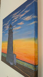 original oil painting, sunset, wispy clouds, ocean, lighthouse, unframed, showing painting on left side