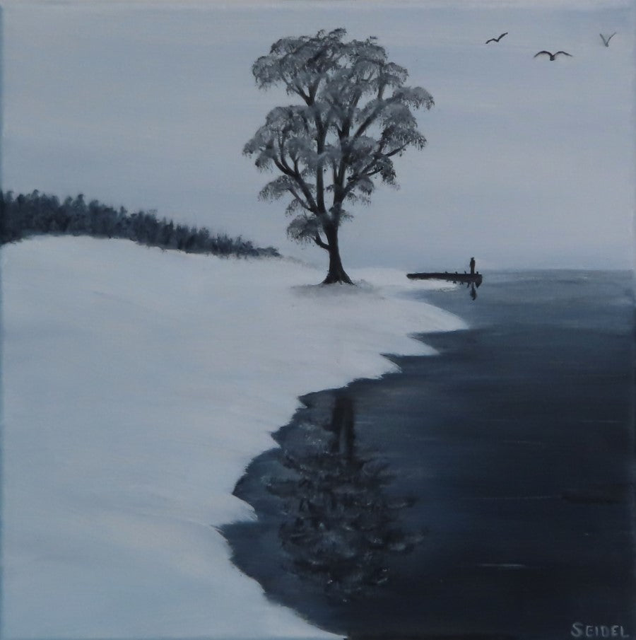 original oil painting, peaceful lake scene under fresh snow