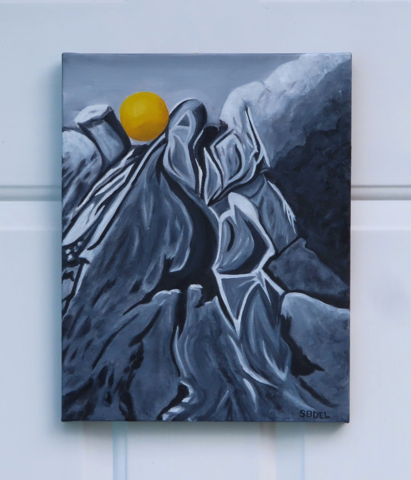original oil painting monochomatic abstraced mountain peak with golden round boulder on top as a contrasting focal point, 11x14 unframed