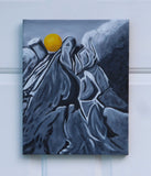 original oil painting monochomatic abstraced mountain peak with golden round boulder on top as a contrasting focal point, 11x14 unframed