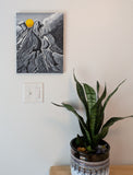 original oil painting monochomatic abstraced mountain peak with golden round boulder on top as a contrasting focal point, 11x14 unframed , pictured over table