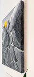 original oil painting monochomatic abstraced mountain peak with golden round boulder on top as a contrasting focal point, 11x14 unframed, view of right side