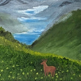 Original oil painting of a misty morning in the mountains, moon, lakes, deer in meadow, framed, close up of deer