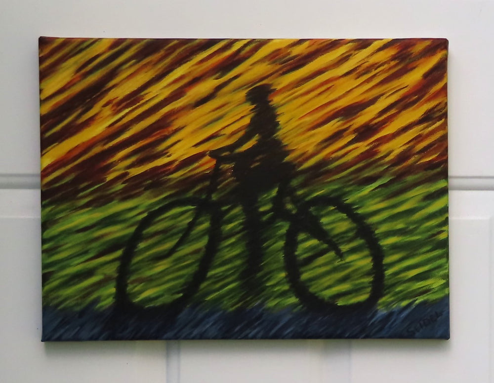 original aabstract acrylic painting, the shadow of a racing bicyclist, unframed