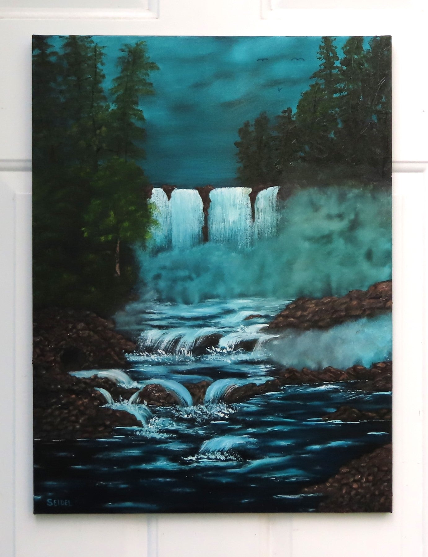 original oil painting with misty waterfalls contrasting dark woods and rushing water 