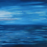 24x24" deep cradle original oil painting featuring a serene blue ocean horizon with soft pastel sky