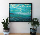 Ocean Dreams original abstract  oil painting on 24x30"canvas with beautiful blue, green water, small headlands, clouds in impasto style, handmade black surround frame, displayed over table