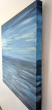 24x24" deep cradle original oil painting featuring an abstract serene blue ocean horizon with soft pastel sky, showing the painted right side