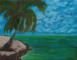 original oil painting of tropical island, kayakers on ocean, palm tree on sandy beach
