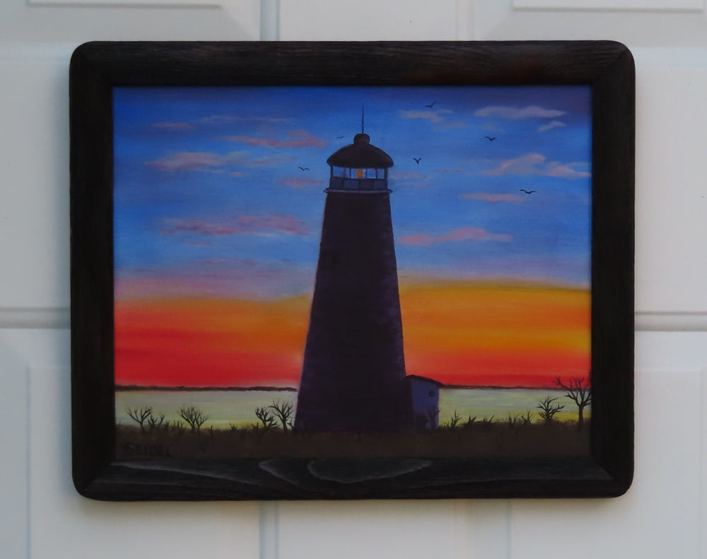 original oil painting, lovely sunset, lighthouse, framed