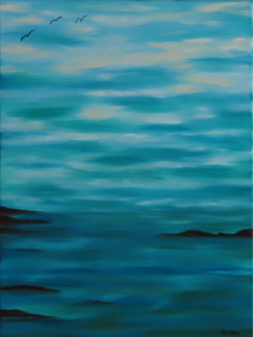 original oil painting clouds, blues, greens, teal blend the sky and water seamlessly unframed