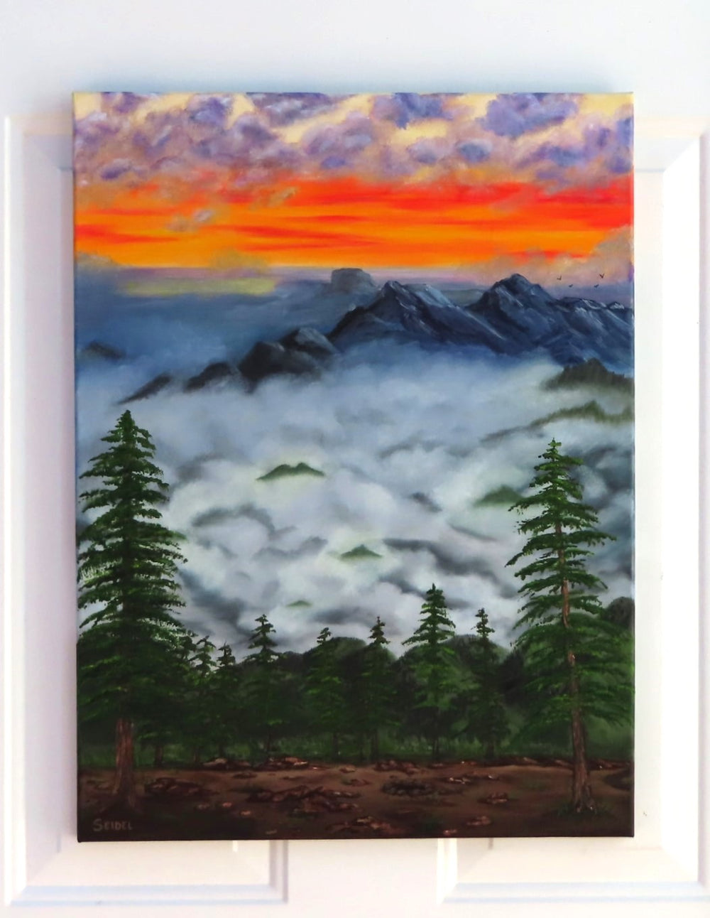 original oil painting 18x24" canvas fiery sunset mountains peek out from the heavy mists, unframed