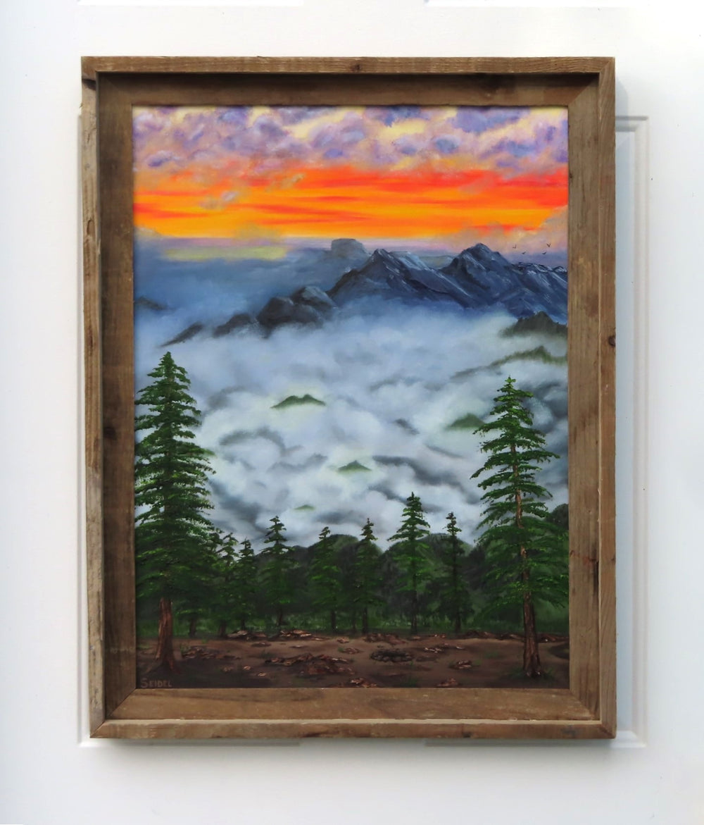 original oil painting 18x24" canvas fiery sunset mountains peek out from the heavy mists, framed in rustic barnwood