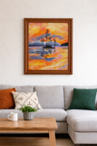 Original oil painting of a colorful pastel sky, the oranges, yellows and pinks contrast with the distant hills rising out of the mist and the dark silhouetted island and trees reflected in calm waters 24" tall by 20" wide framed, shown over a sofa