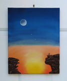 original oil painting on 11x14" canvas with lovely colors of dusk and rising moon, two observers on cliffs in foreground 