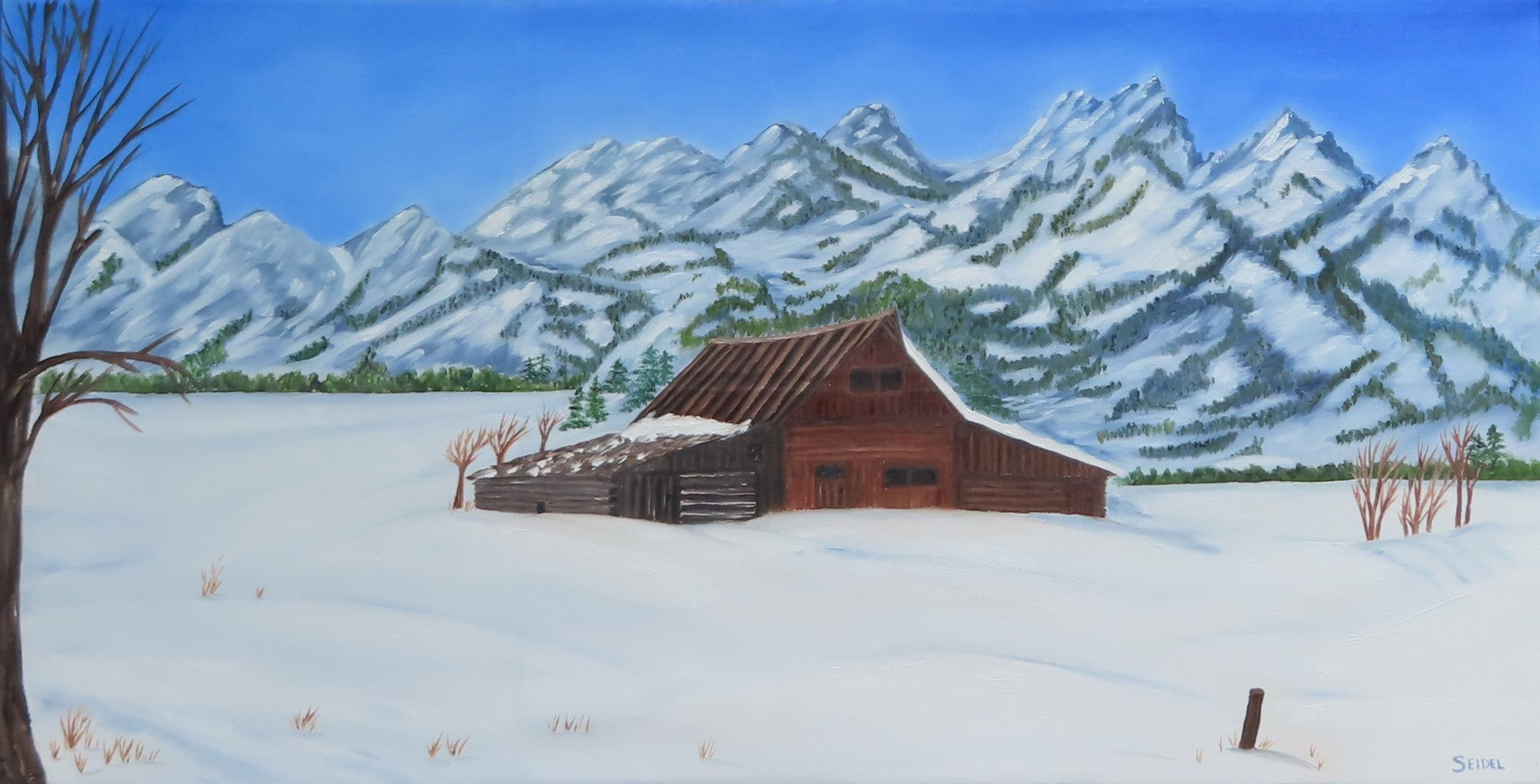 closeup view of Barn, snow, Tetons, before mounted behind window, original oil painting
