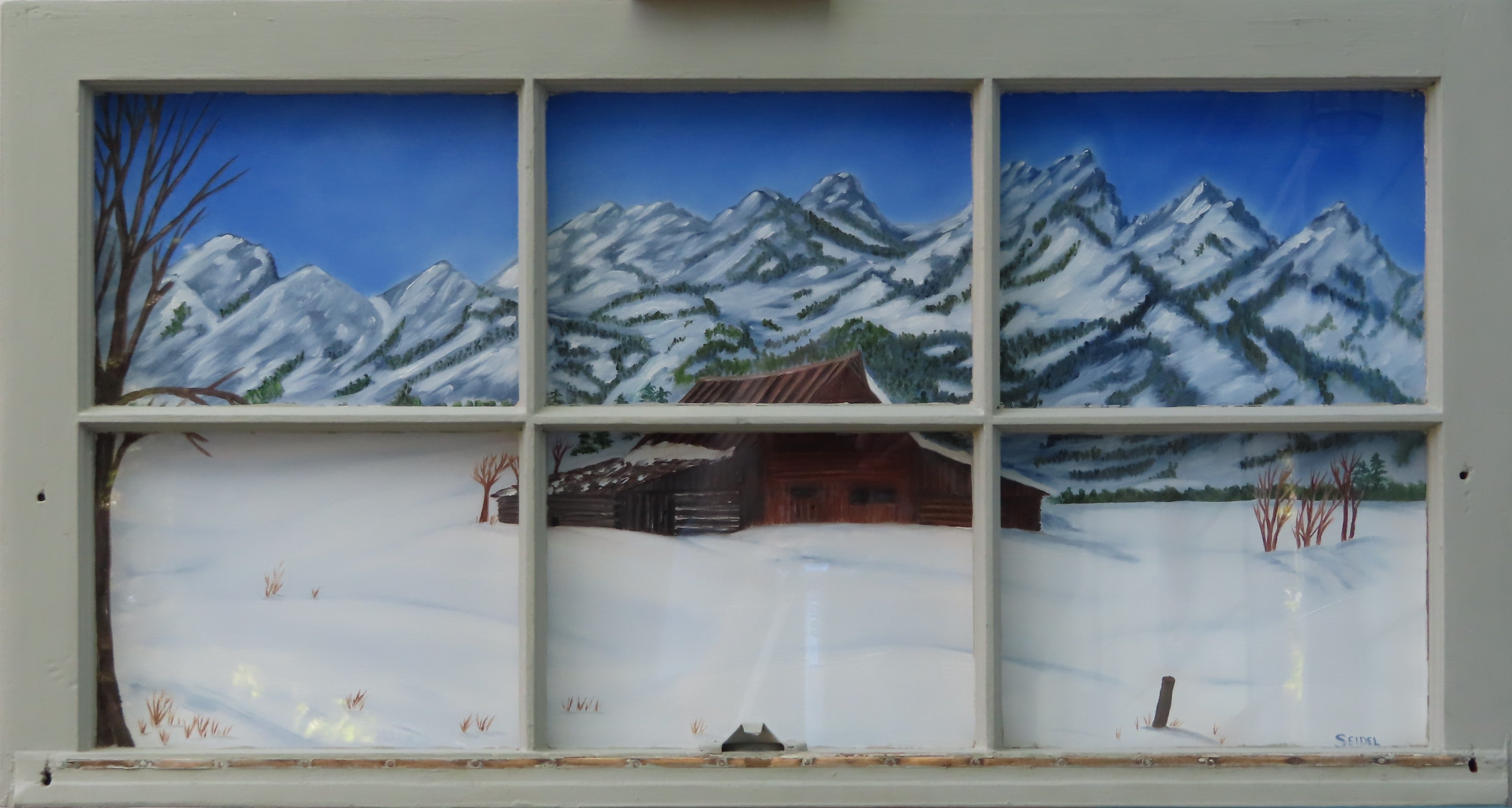 Iconic John Moulton Barn in winter, snow and Teton mountains, original oil painting mounted behind window