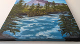 original oil painting, mountain, rushing river, evergreens, unframed, close-up from bottom painted side with artist signature