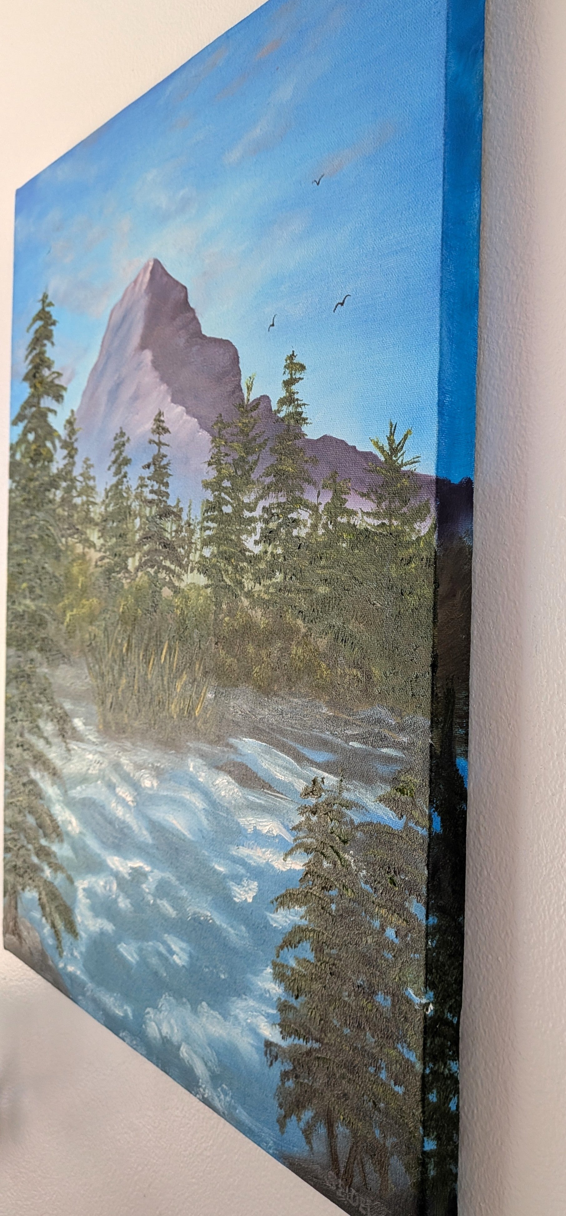 original oil painting, mountain, rushing river, evergreens, unframed, showing painted right side