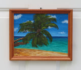 original acrylic/mixed media painting,  ocean, sand beach, palm tree, framed in oak