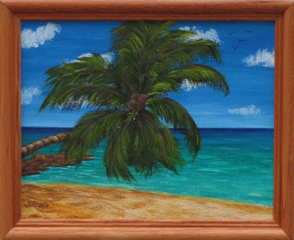 original acrylic/mixed media painting,  ocean, sand beach, palm tree, framed in oak