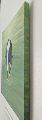 original oil painting, two orca whales  seem to dance to the surface of the ocean, unframed, showing painted right side