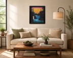 original oil painting, rugged coastline, ocean, lovely sunset and reflection, framed in modern black frame, displayed over sofa