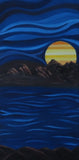24 inch tall by 12 inch wide original oil painting, in an abstracted style, of a bright colored planet rising over the horizon in another world with cool blue colors in sky and water unframed, painted on all sides