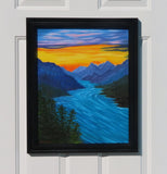16x20 oil painting of river rushing through the mountains under a sunset sky framed in black