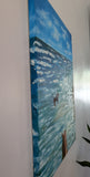 original oil painting of horseback riders in the ocean, unframed, showing the left side of the painting