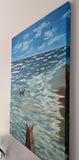 original oil painting of horseback riders in the ocean, unframed, showing the right side of the painting