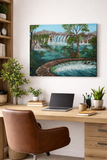 Rushing River original oil painting displayed over home offce desk