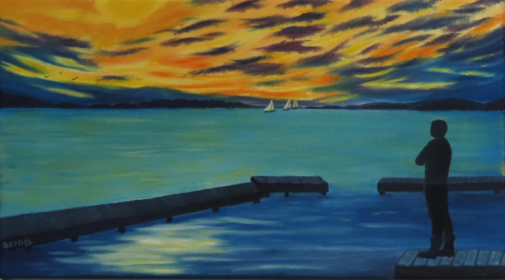 10x18" original oil painting of lone man on the dock watching sailboats toward the sunset