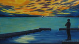 10x18" original oil painting of lone man on the dock watching sailboats toward the sunset
