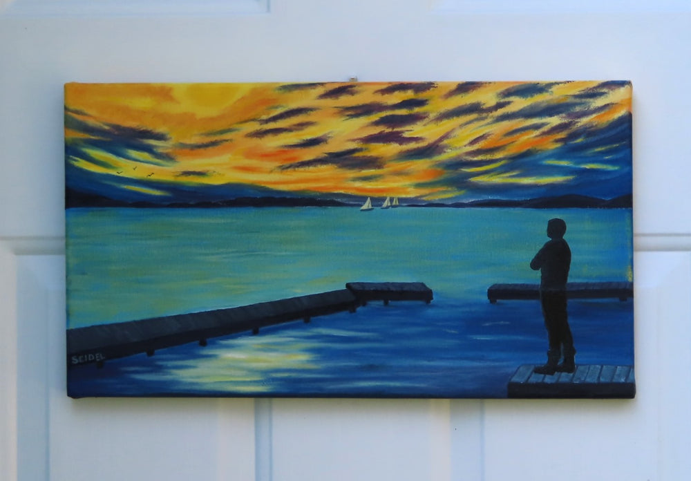 10x18" original oil painting of lone man on the dock watching sailboats toward the sunset