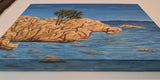 Original acrylic painting of island of Sardinia surrounded by ocean, painted on deep cradle canvas, showing painted bottom edge