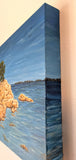 Original acrylic painting of island of Sardinia surrounded by ocean, painted on deep cradle canvas, showing painted right side