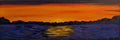  small original oil painting, sunset over mountains and water, unframed