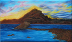 original oil painting, 14x24 beveled canvas, delicate pastel clouds in evening sky, contrasted by bold textured mountains and shadowed waters