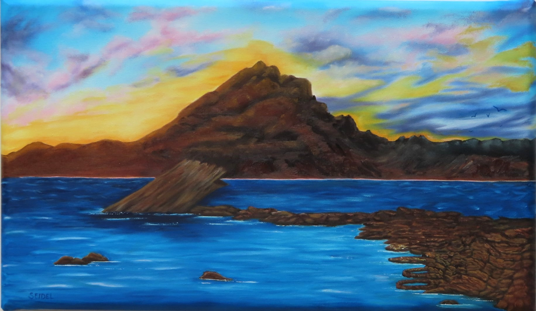 original oil painting, 14x24 beveled canvas, delicate pastel clouds in evening sky, contrasted by bold textured mountains and shadowed waters