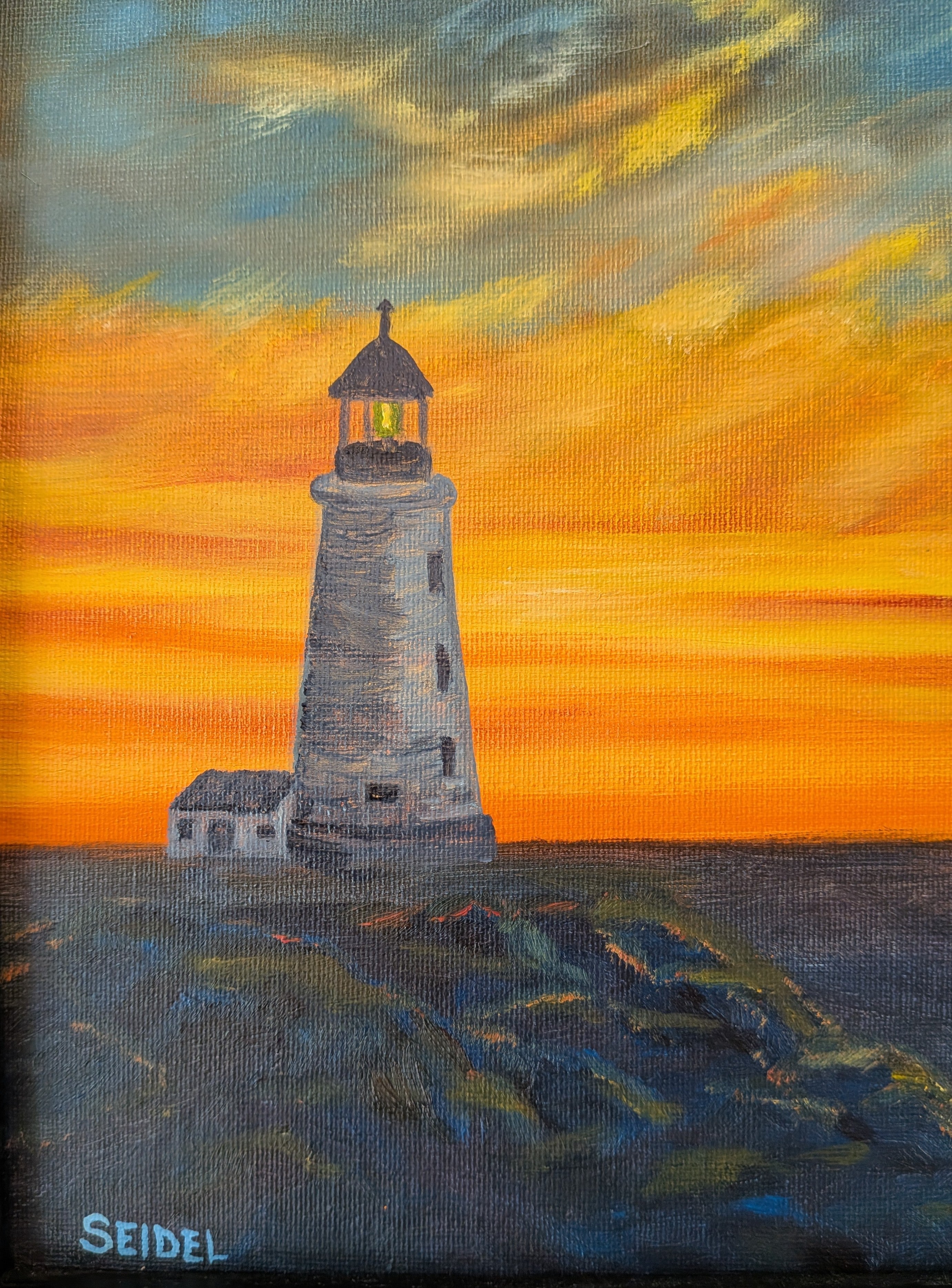 original oil painting, lighthouse, rocky shore, colorful sunset, framed close up of the lighthouse