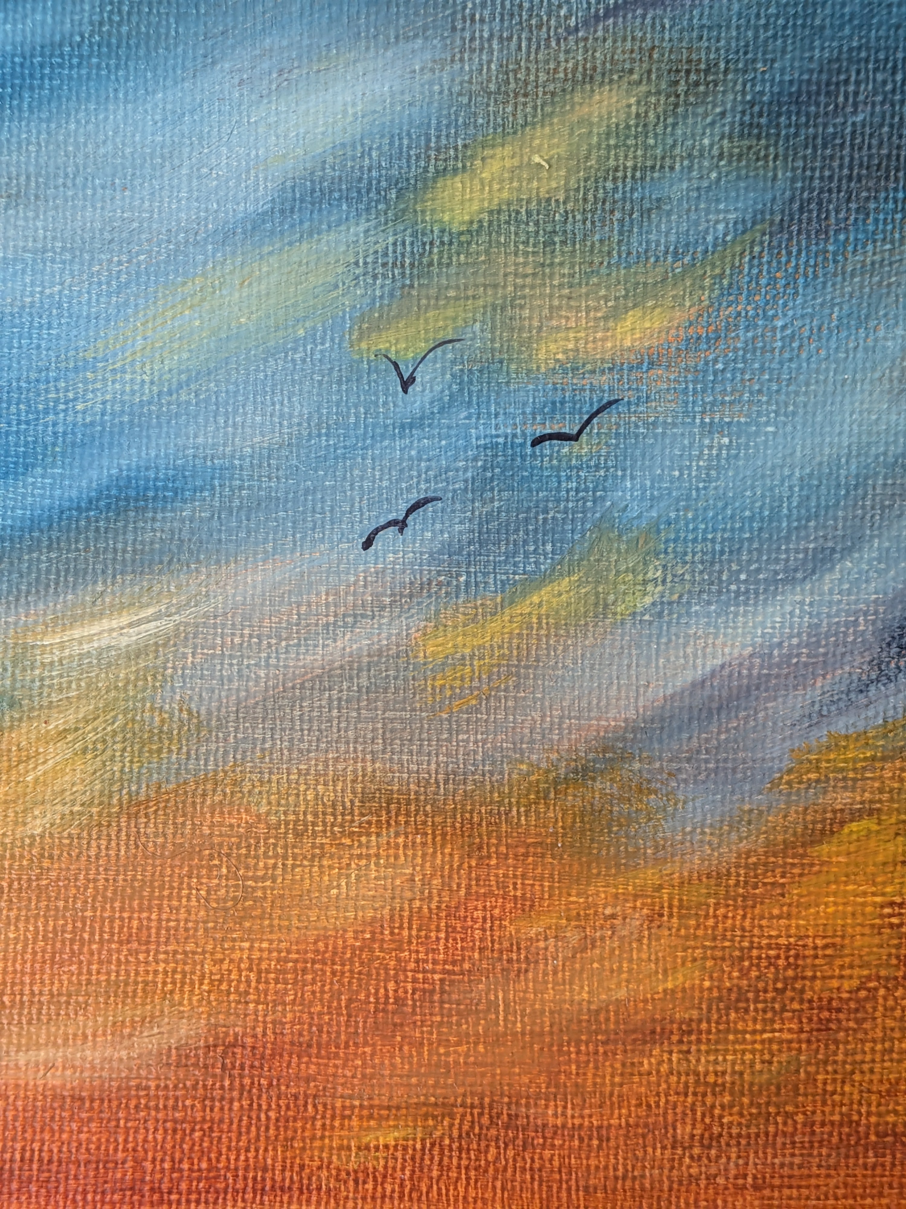 original oil painting, lighthouse, rocky shore, colorful sunset, framed, close up of the birds