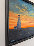 original oil painting, lighthouse, rocky shore, colorful sunset, framed, viewed from left side with signature