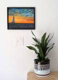 original oil painting, lighthouse, rocky shore, colorful sunset, framed pictured ver table