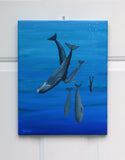 11x14 original oil painting of a scuba diver swimming with whales, unframed
